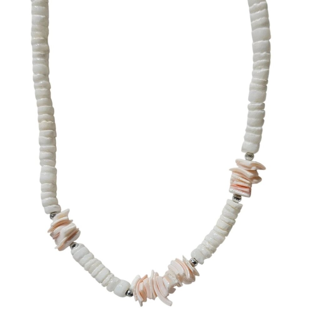 Boho White Pink Shell Heishi Bead Necklace Silver Accents Beach Core Vacation
